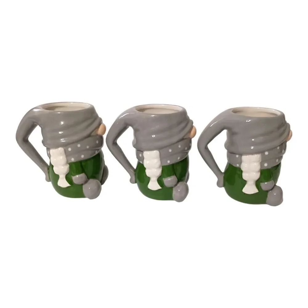 Pottery Barn Gnome Gnomette‎ Mug Set x 3 Ceramic Holiday Gray Green Polka Dots